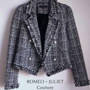 Romeo & Juliet Couture textured blazer black white frayed trim woven tweed pearl